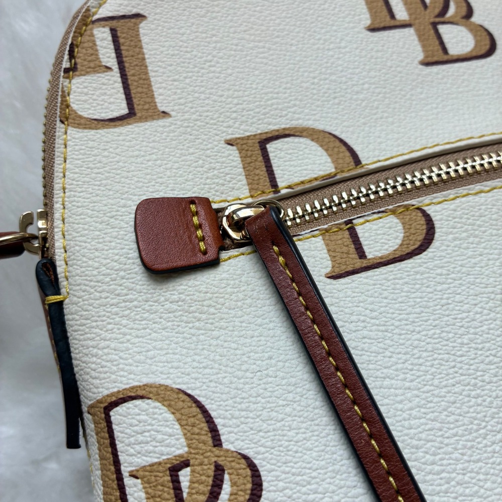 Dooney & Bourke Monogram Cream Tan Leather Trim Gold hardware Backpack Bag - Picture 4 of 16